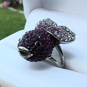 Size - 8 Stainless Steel Purple and White Crystal Goldfish Cocktail Ring